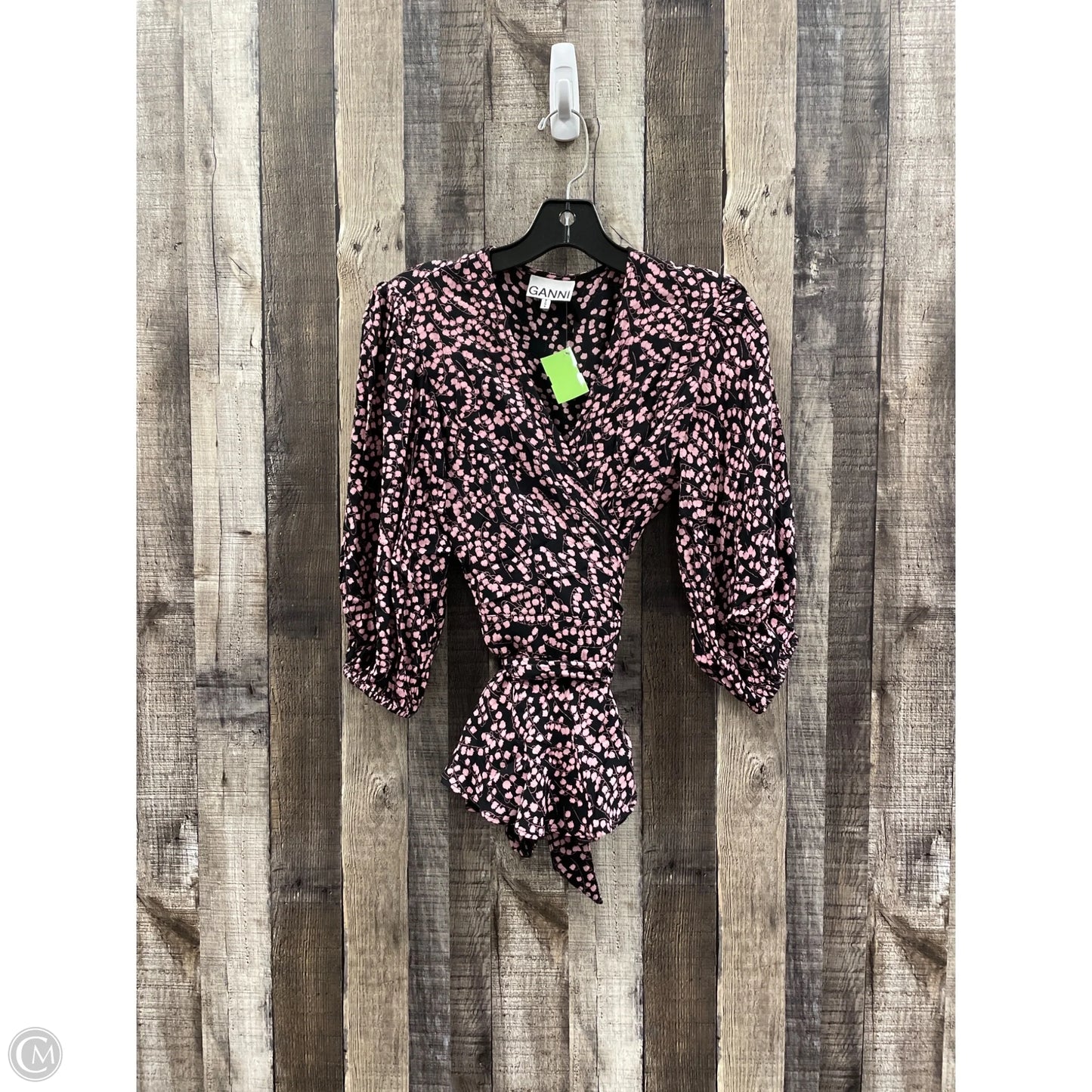 Top Long Sleeve By Ganni In Black & Pink, Size: 2x