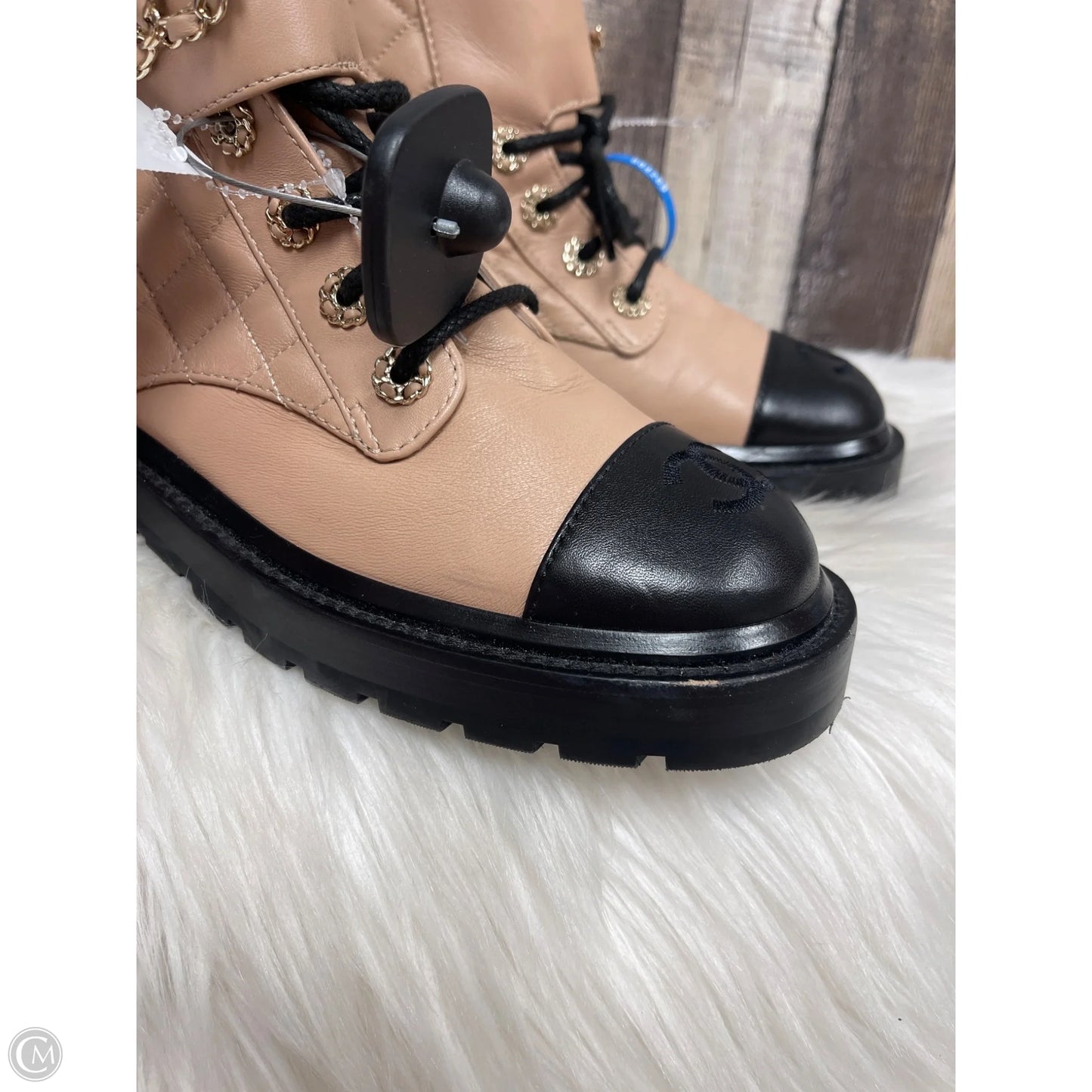 Boots Luxury Designer By Chanel In Beige, Size: 6.5