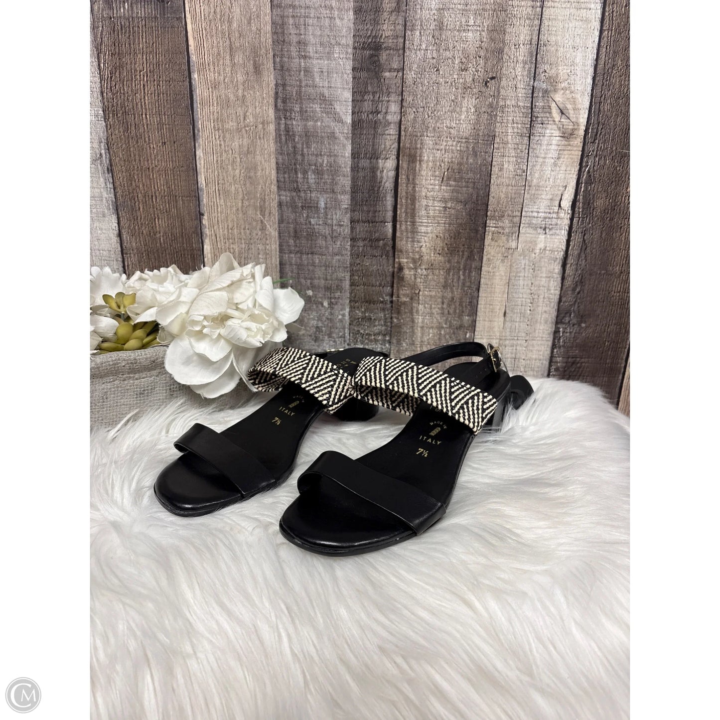 Sandals Heels Block By Italian Shoemakers In Black & Cream, Size: 7.5