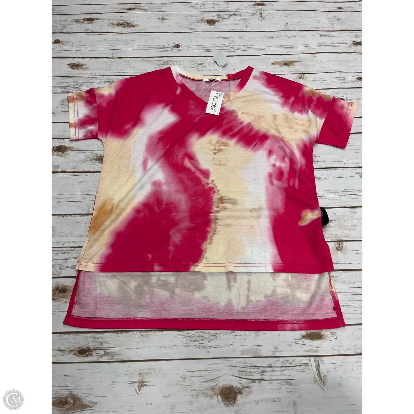 Top Short Sleeve By Cme In Pink & Yellow, Size: L