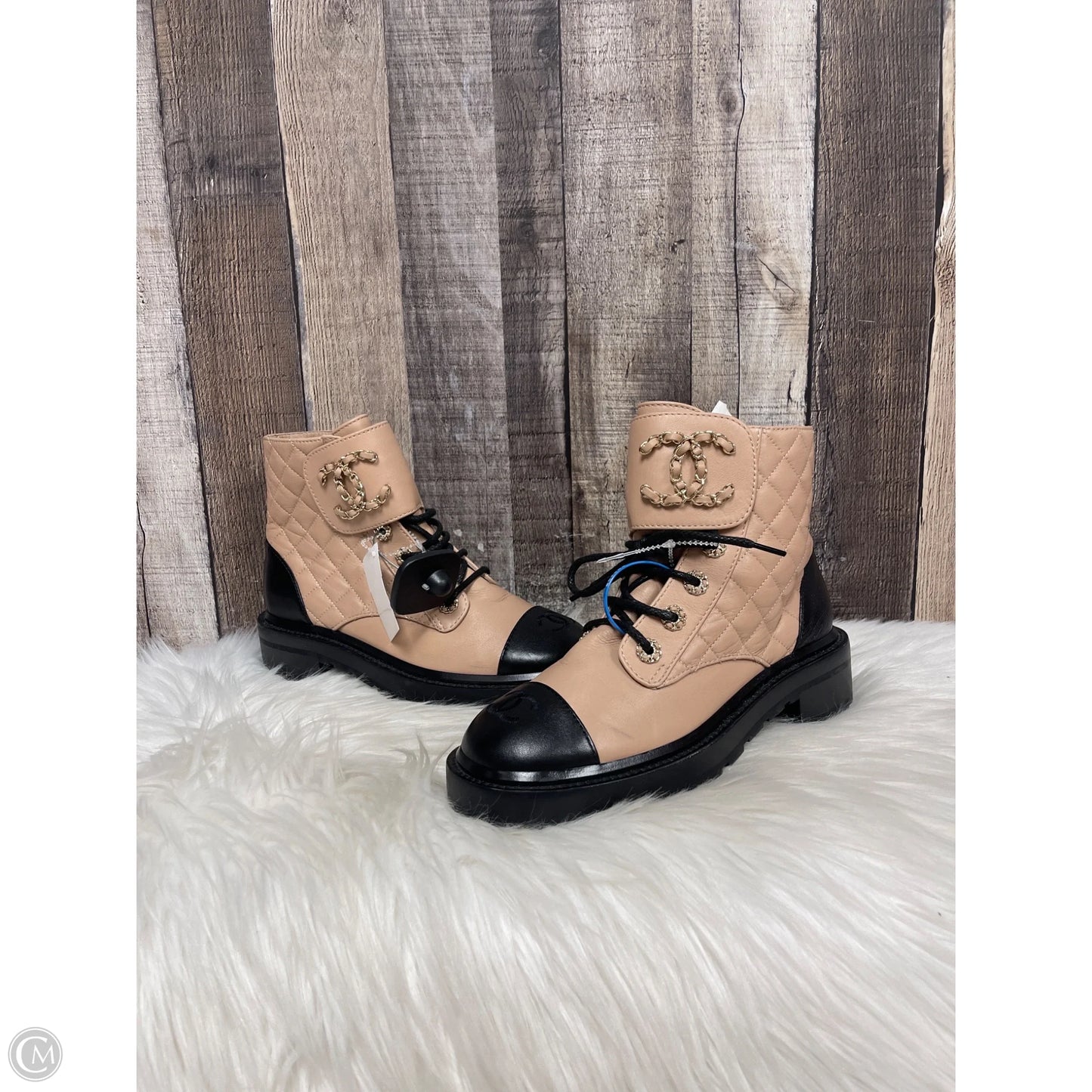 Boots Luxury Designer By Chanel In Beige, Size: 6.5