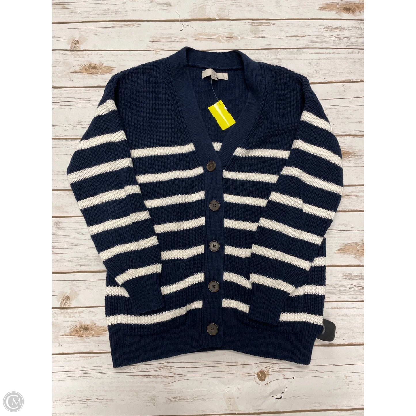 Sweater Cardigan By Loft In Blue & White, Size: S