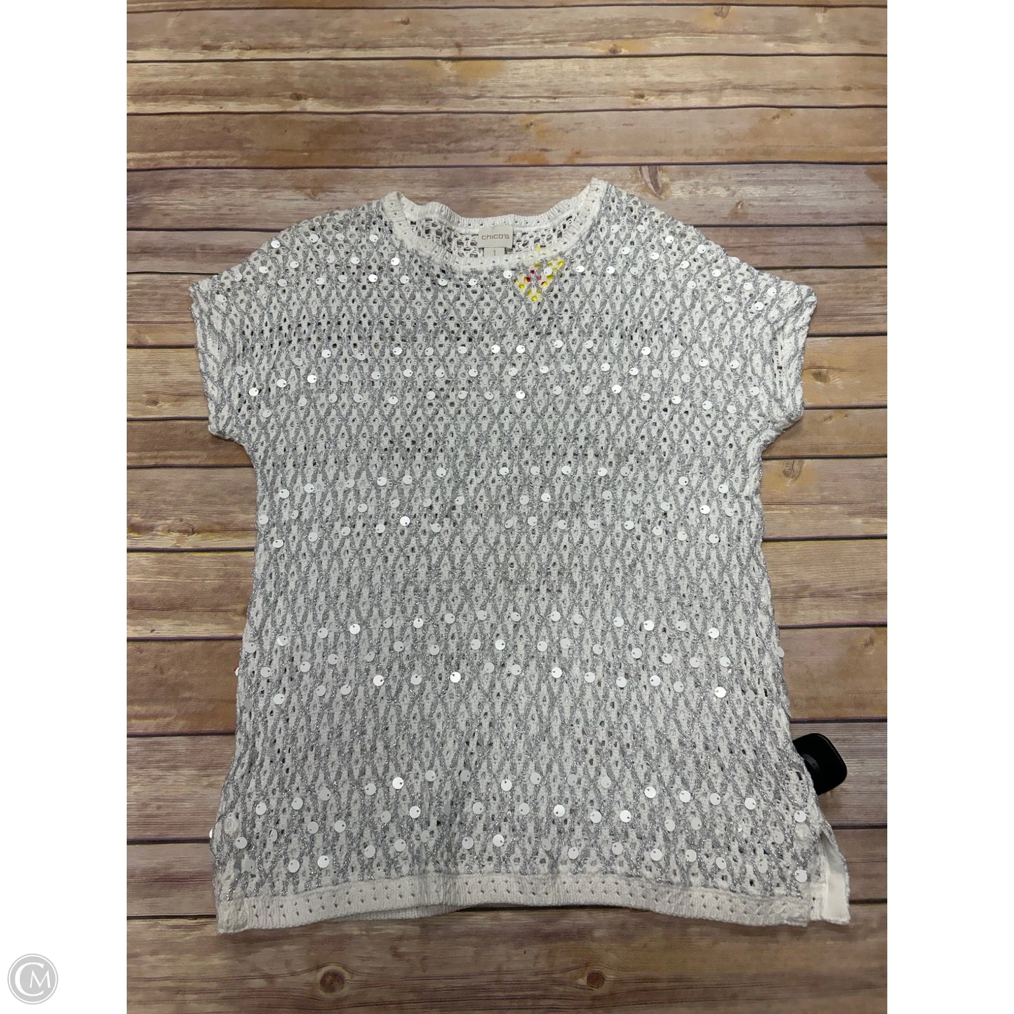 Sweater By Chicos In Silver & White, Size: M