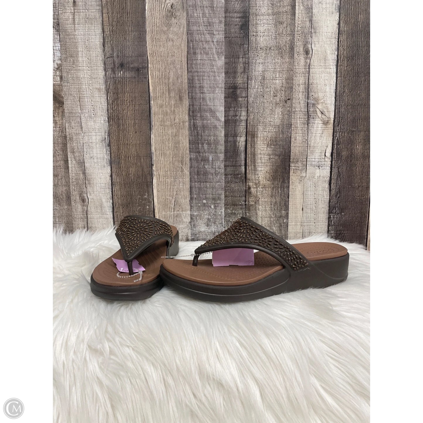 Sandals Heels Wedge By Crocs In Brown, Size: 8