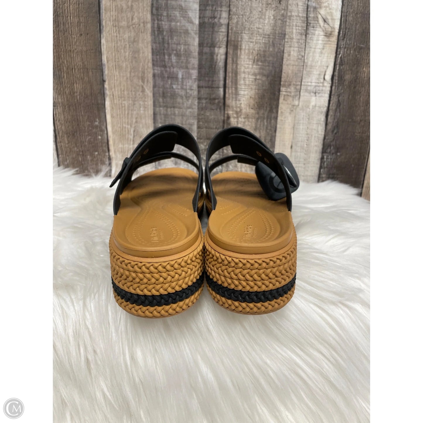 Sandals Heels Wedge By Crocs In Black & Brown, Size: 9