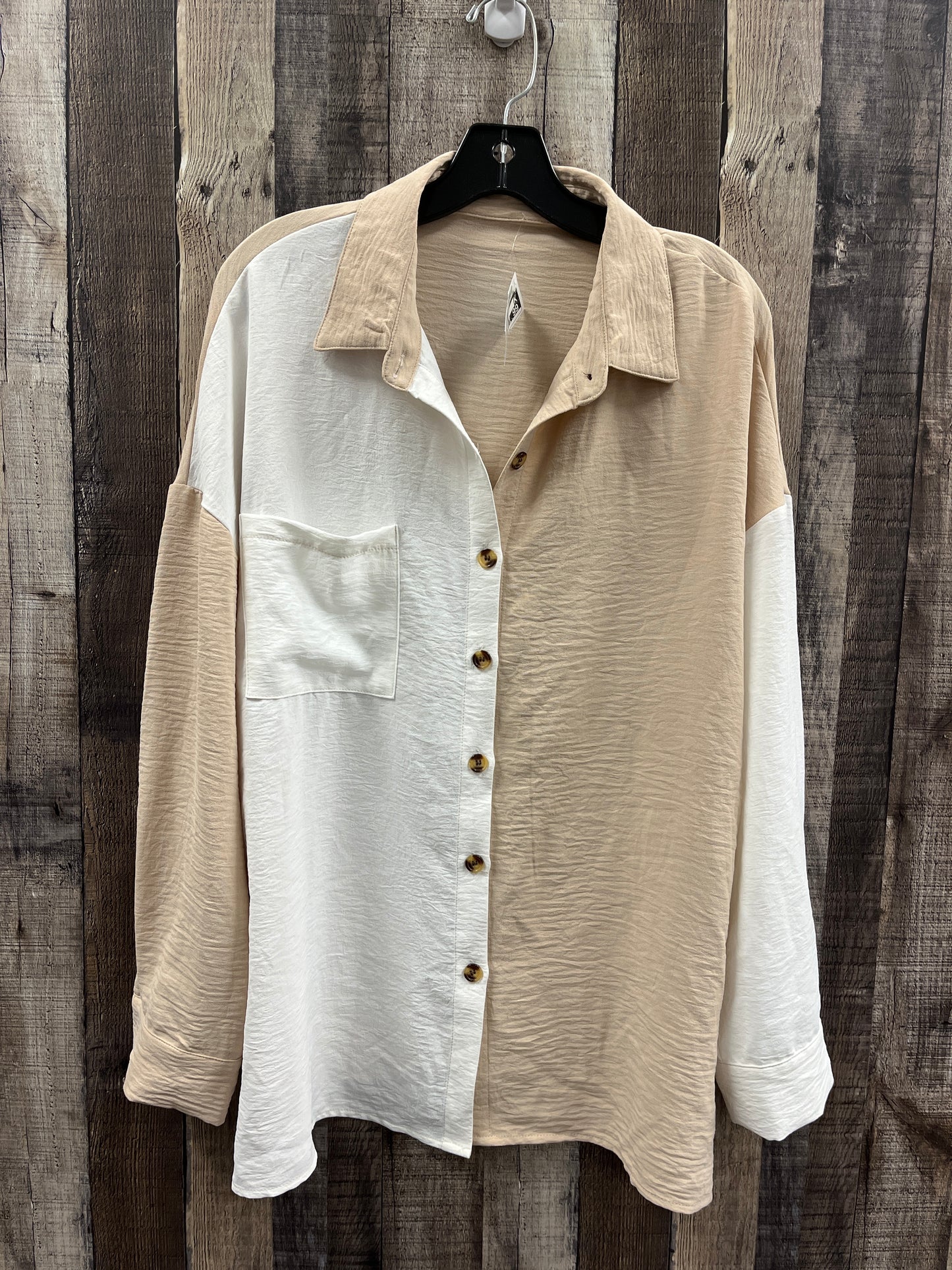 Blouse Long Sleeve By Cmf In Tan & White, Size: L