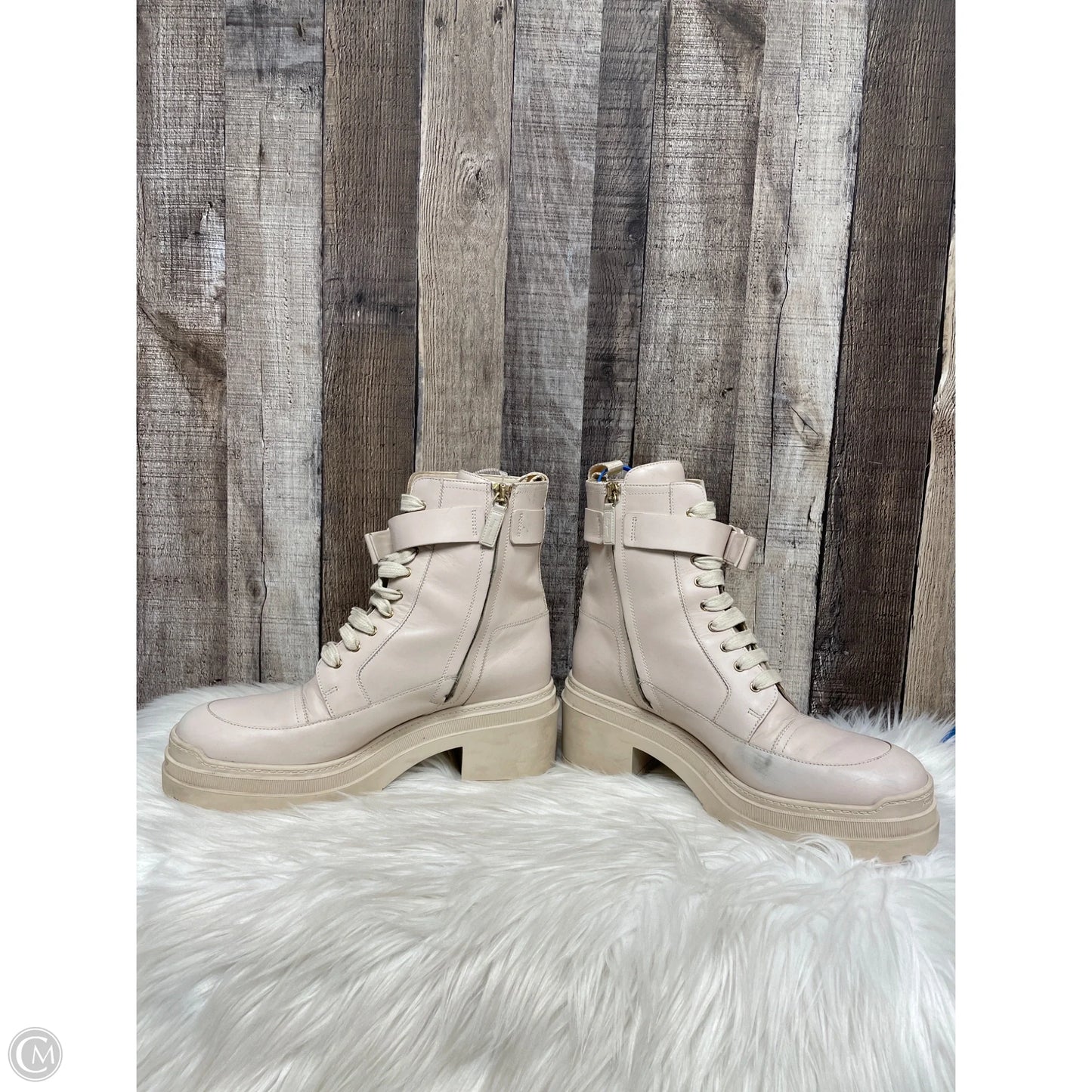 Boots Luxury Designer By Ferragamo In Beige, Size: 7.5