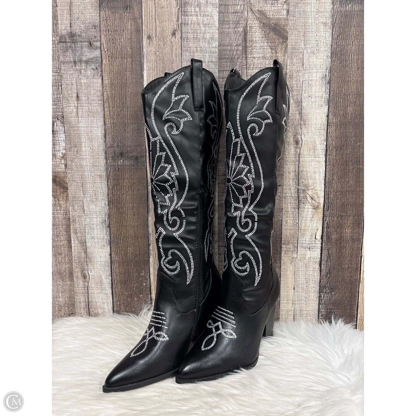 Boots Knee Heels By Forever In Black & Silver, Size: 8.5