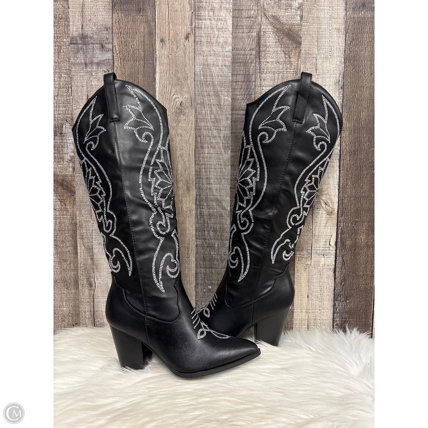 Boots Knee Heels By Forever In Black & Silver, Size: 8.5