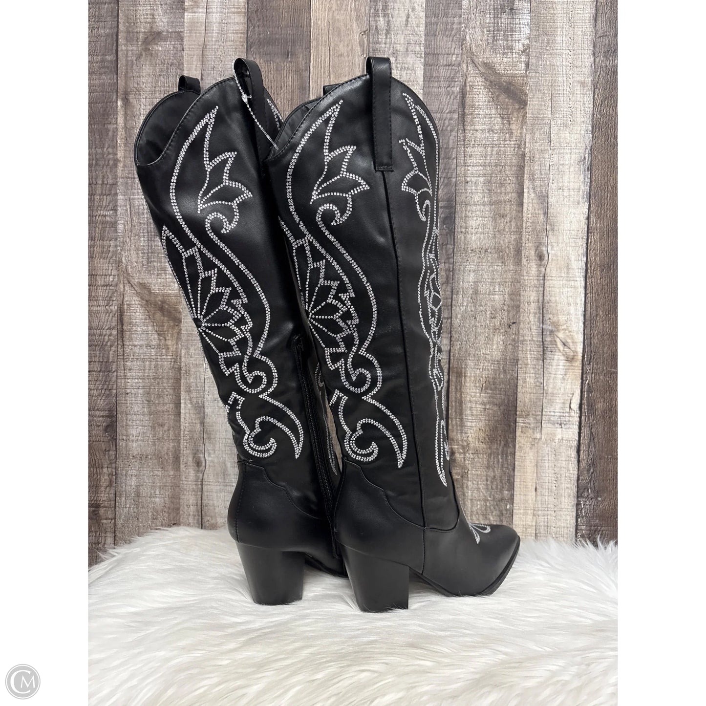Boots Knee Heels By Forever In Black & Silver, Size: 8.5
