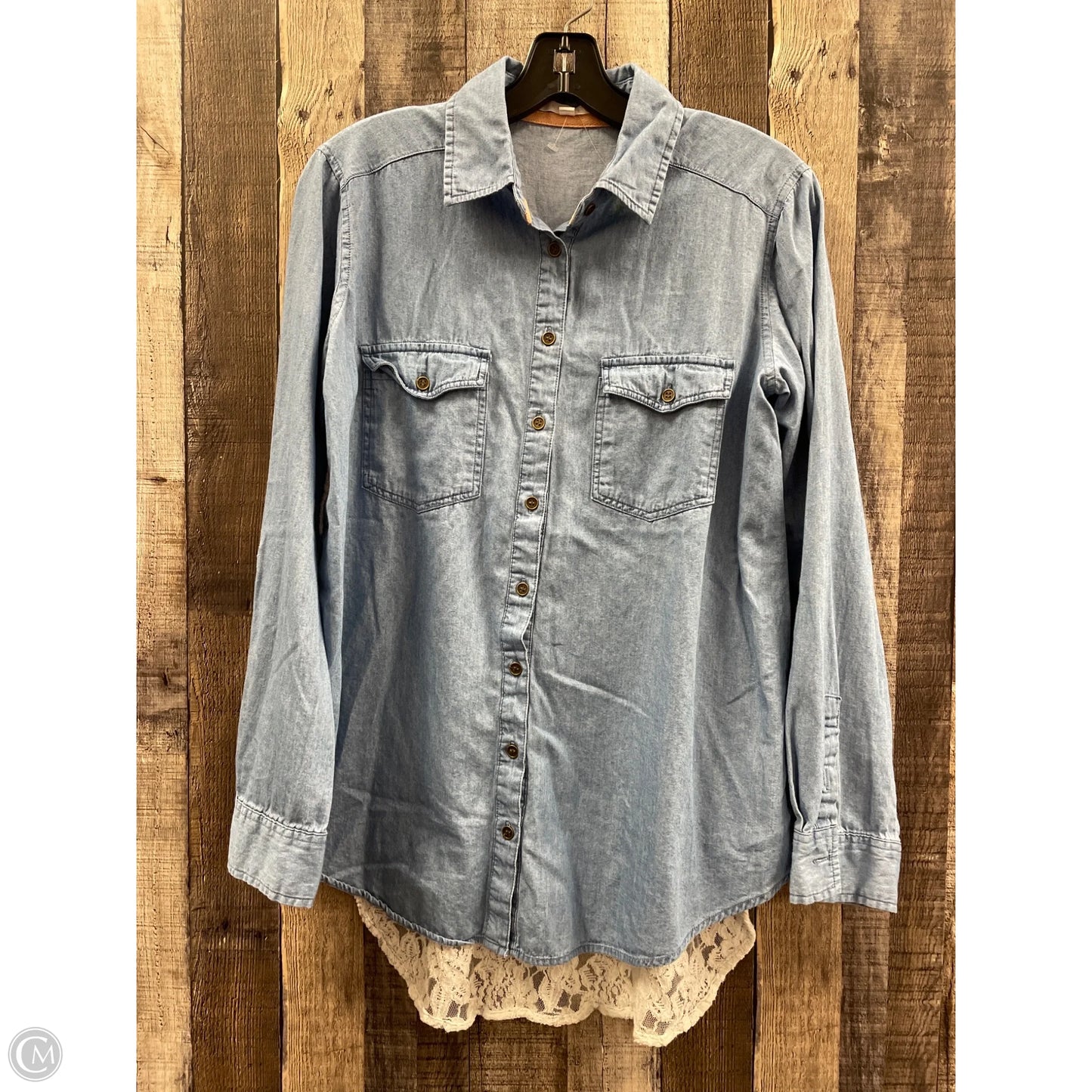 Top Long Sleeve By Cme In Blue Denim, Size: L