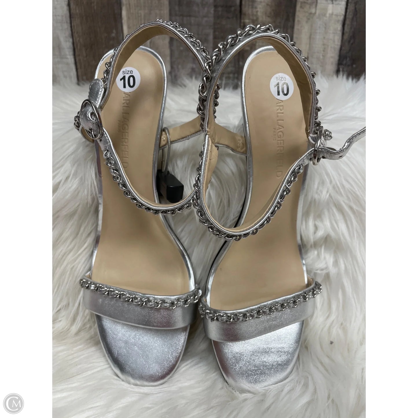 Sandals Heels Stiletto By Karl Lagerfeld In Silver, Size: 10