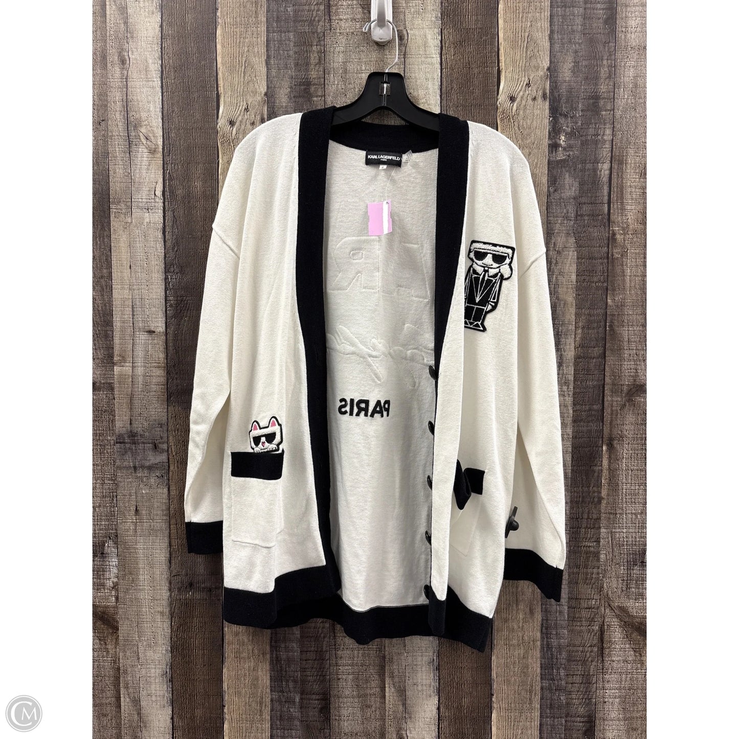Sweater Cardigan Designer By Karl Lagerfeld In Black & White, Size: M